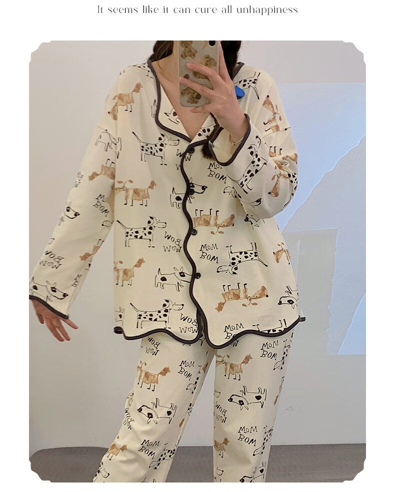 Hug Cotton Women's Pajamas Cartoon V-Neck Cardigan Loose Long Sleeve Long Pants Two-Piece Set Homewear Bear M 10