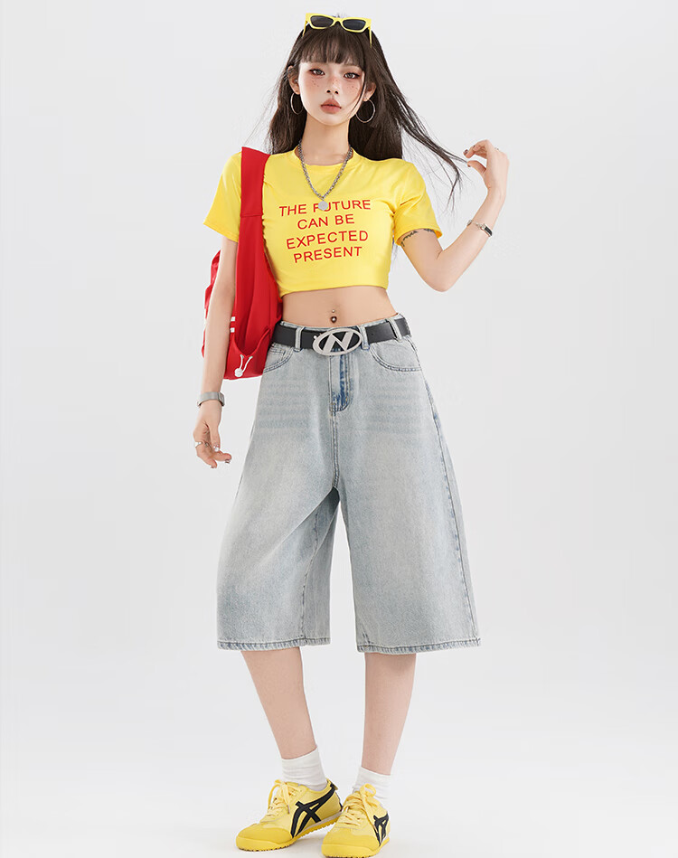 Free Style Vintage High Waist Denim Shorts Women 2026 Summer New Loose Slim Fit Petite Straight Wide Leg Cropped Pants 10
