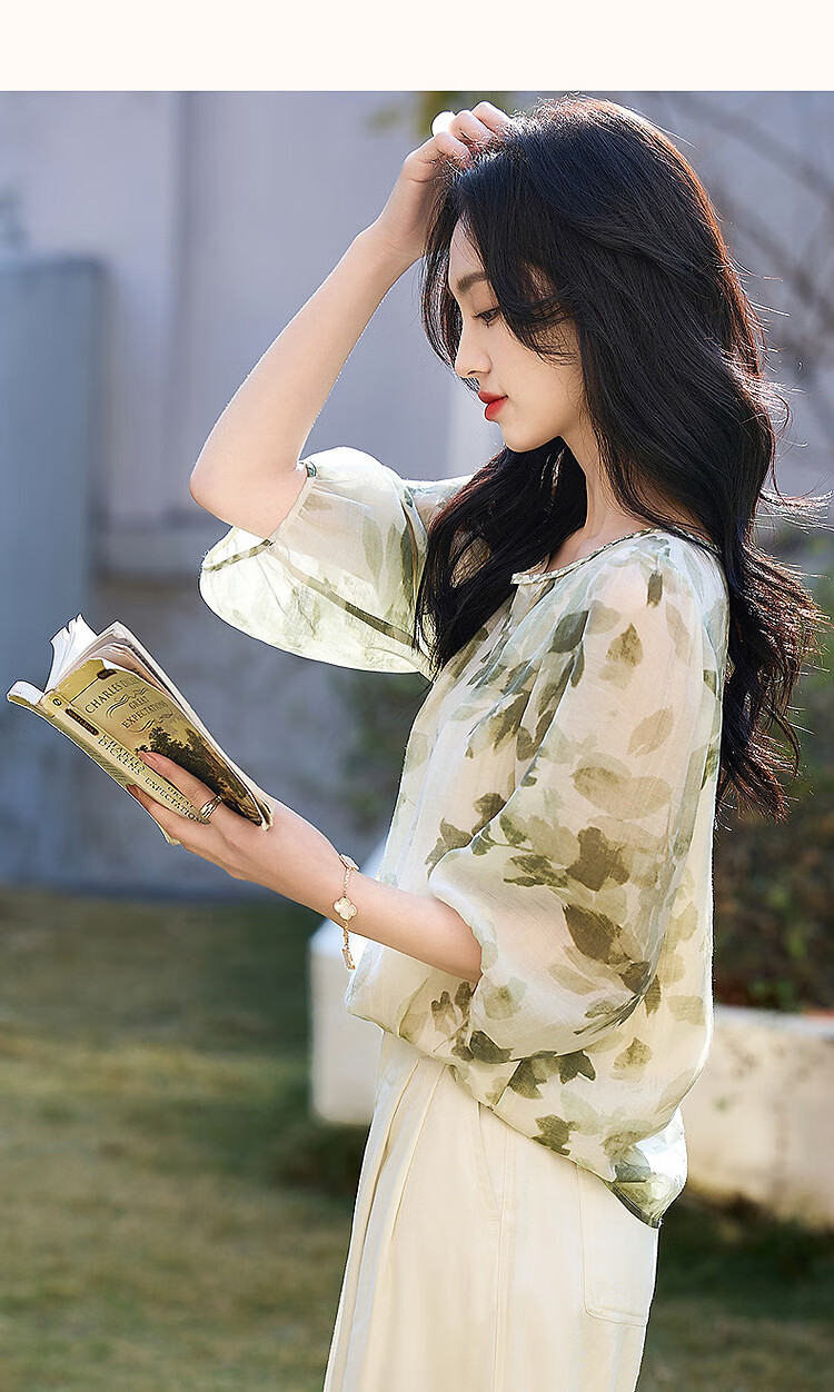Dme [Zhi Ci Qinglu] Summer Artistic Style Lyocell Printed Shirt, Natural Comfortable Flowy Blouse, Women's Top 12