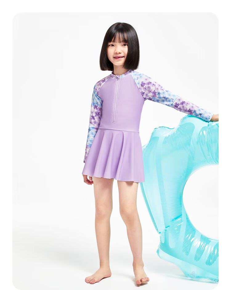 Annil Girls' One-Piece Long-Sleeve Swimsuit Set, Summer 2024, Purple, Size 110 6