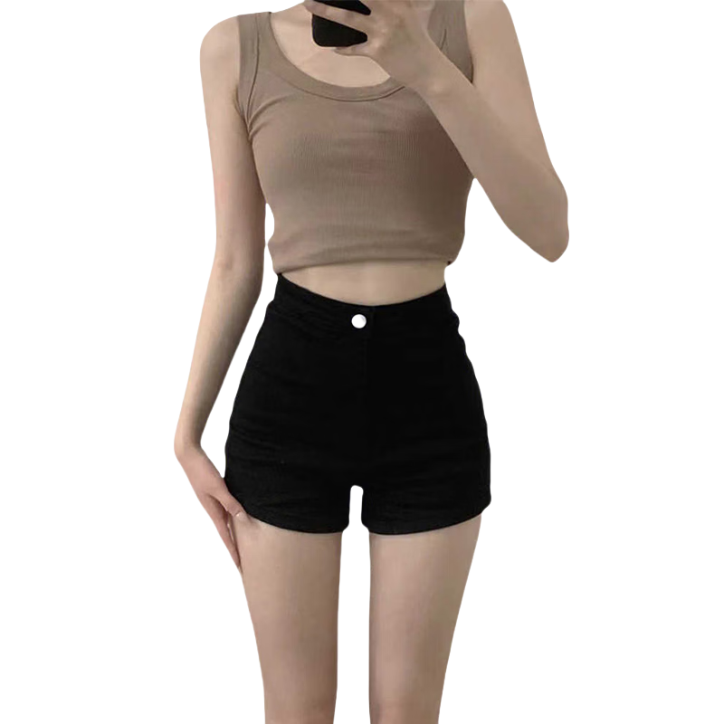 LangSha Black Denim Shorts for Women, Summer New Style Versatile High-Waisted Slimming Trendy Hot Girl Fashion Elastic Hot Pants