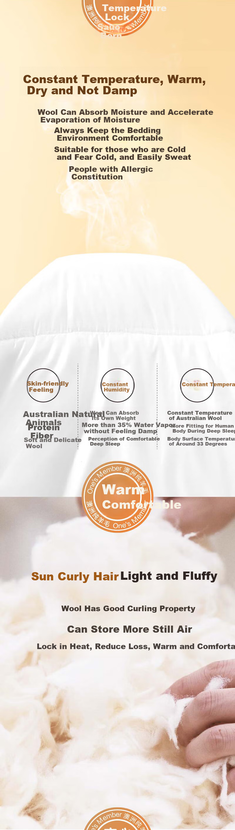 One's Member, 100% Australian Imported Pure Wool Comforter, Class A Cashmere, Antibacterial Spring Autumn All-Season Duvet Insert, 200*230cm 7