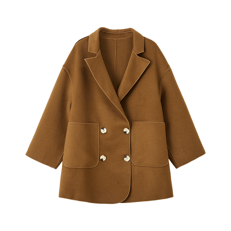 Mt Korean Style Autumn Street Minimalist Classic Large Lapel Pocket Double-Faced Wool Coat Coffee Color M
