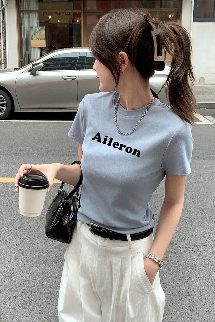 TonLion 2025 Summer Women's Round Neck Short Sleeve T-Shirt with Front Chest Lettering, Casual And Versatile 1