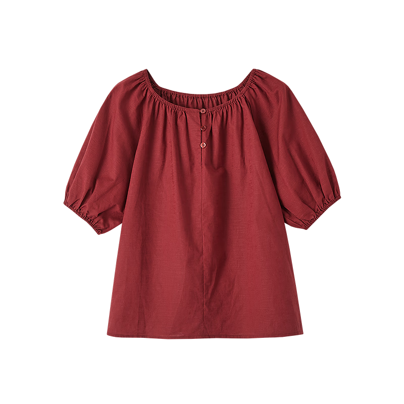 Dme [Elastic One-Shoulder Round Neck Two-Way Wear] Summer Lightweight Linen Cotton Blend Blouse Elegant Shirt Women's Top