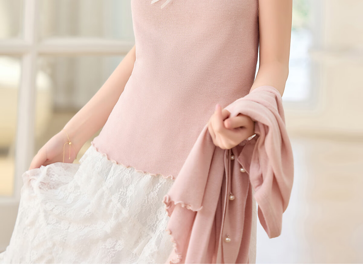 PinCai Knitted Cardigan for Women, Lace Design Inner Vest Two-Piece Set, Thin Knit Outer Jacket P52Z074 47