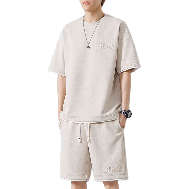 JEEP SPIRIT Men's Summer Waffle Short Sleeve T-Shirt and Shorts Set Casual Sports Two-Piece Off-White XL