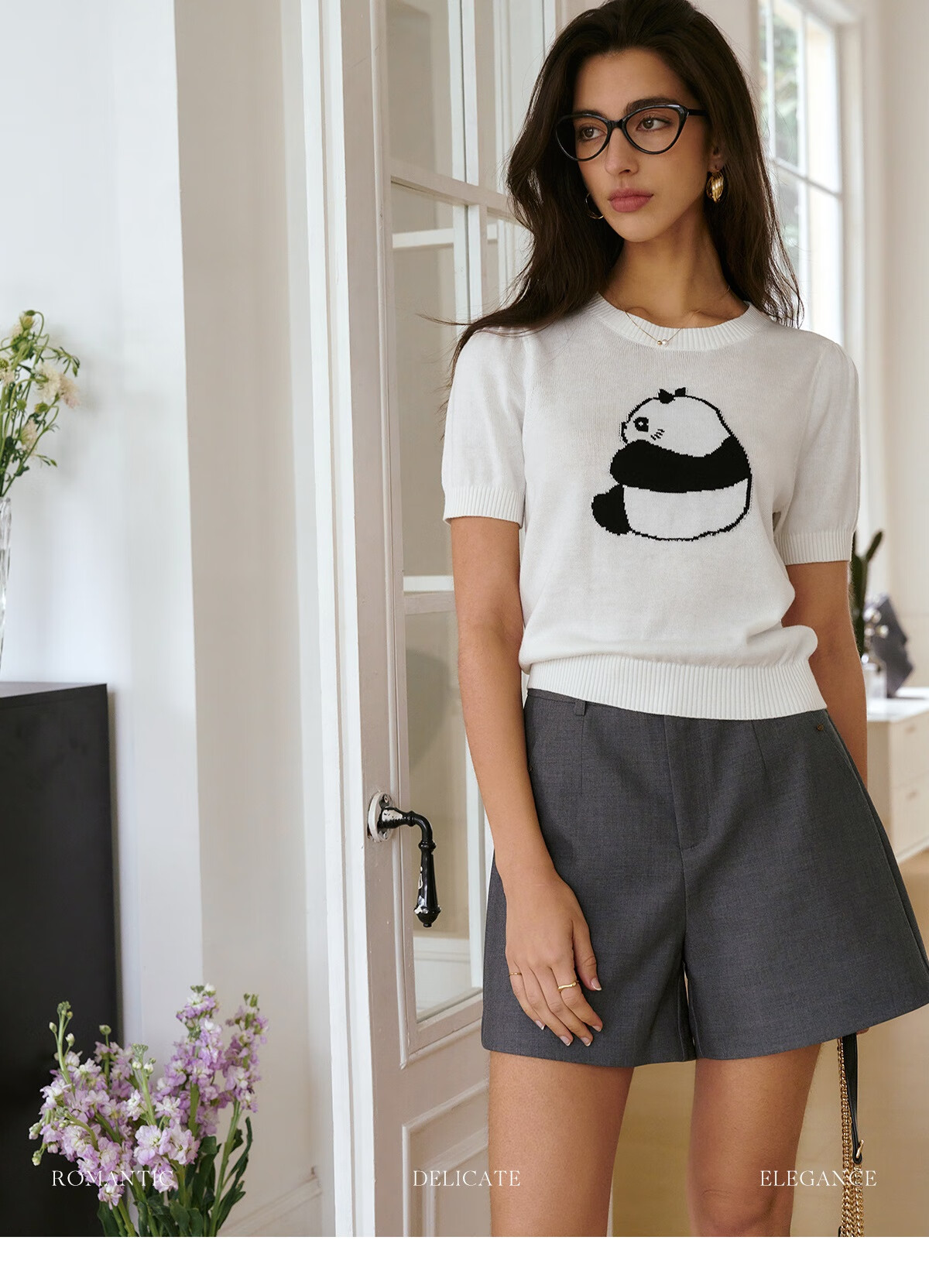 Oulain Elegant Short-Sleeve Knit Top for Women, Spring And Summer Fun Panda Pullover Sweater, Light Gray, L 20