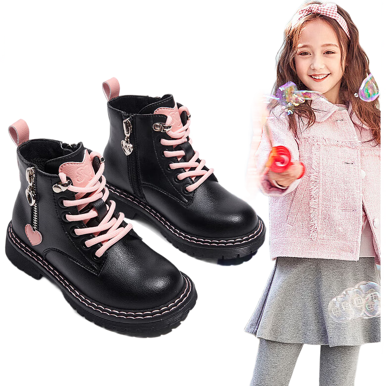 Barbie Kids Spring and Autumn Single-Lined Children's Boots Girls Martin Boots Fashion Short Leather Boots DA5085 Black Size 35
