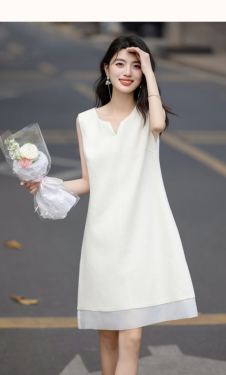 Demana Summer Little Chanel Style V-Neck Organza Spliced Sleeveless Women's Dress with Granular Two-Tone Yarn Weaving Craft 7