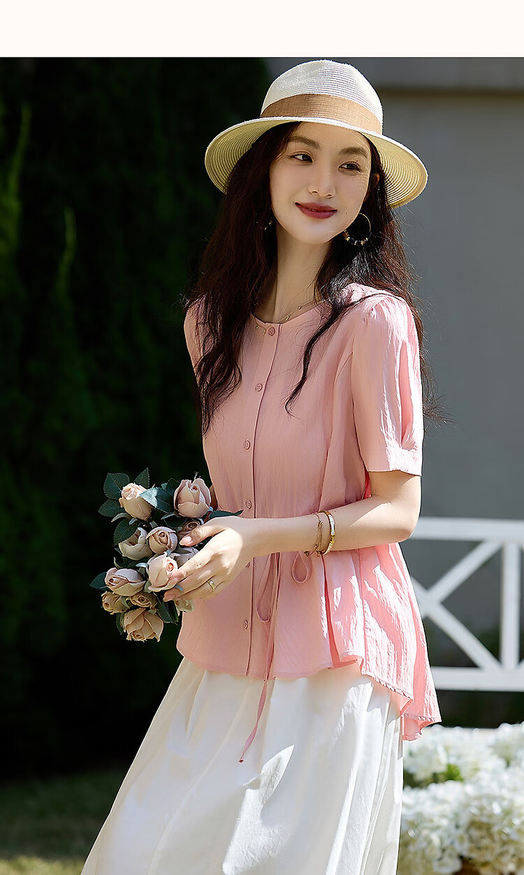 Dme [Elegant Top Student] Summer Comfortable Draping Cotton Wrinkle Shirt with Puff Sleeves And Belt, Women's Blouse Top 16