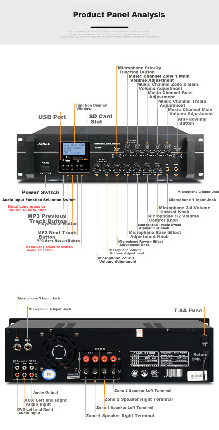 SHILE AV-106 Professional Conference Engineering Two-Zone Anti-Loudspeaker Amplifier, Power Amplifier with Fixed Impedance High-Power Music Output 15