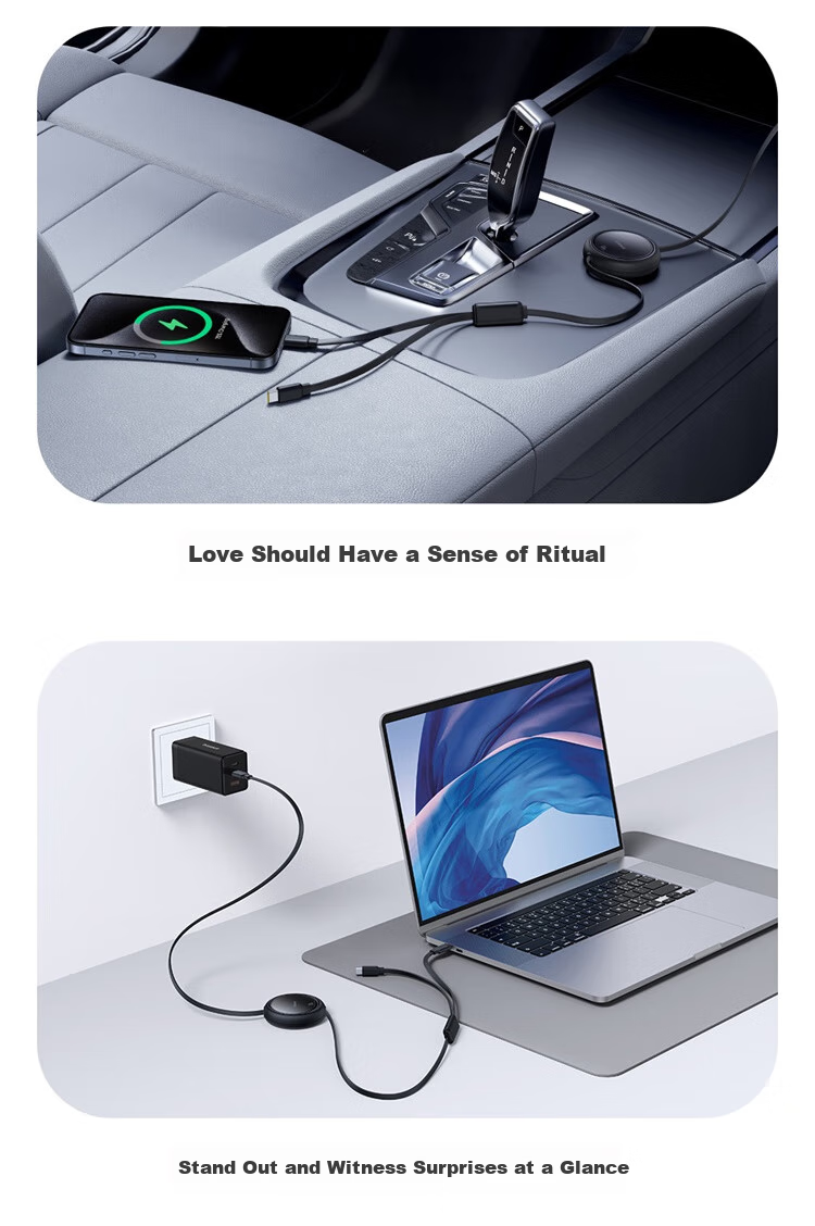 BASEUS Two-In Retractable Data Cable, Type-C to Dual USB-C Fast Charging Cable, Compatible with Apple 15/16/17/18, Xiaomi/Huawei, Car Phone Charger Cable 6