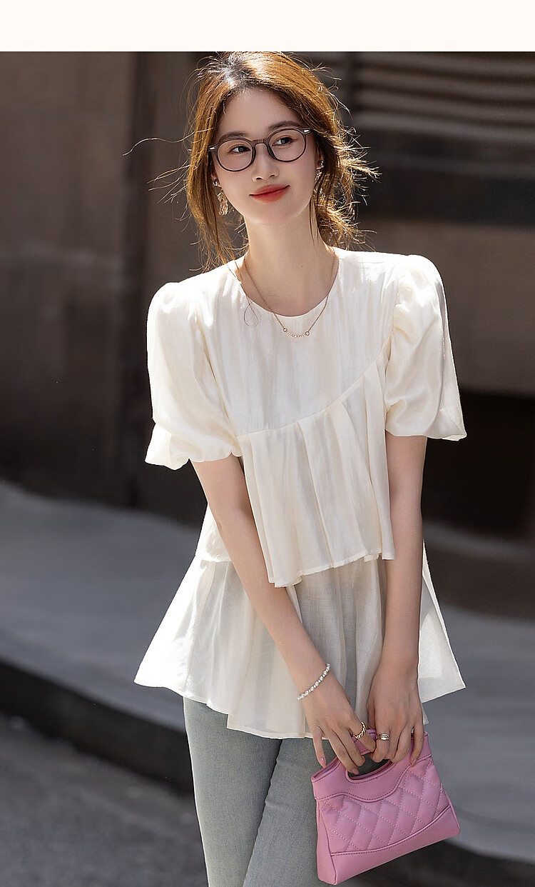 Dme [Luorimian] Summer Breathable Lyocell Tencel Shirt with Asymmetric Ruffle Collar And Puff Sleeves Top 9