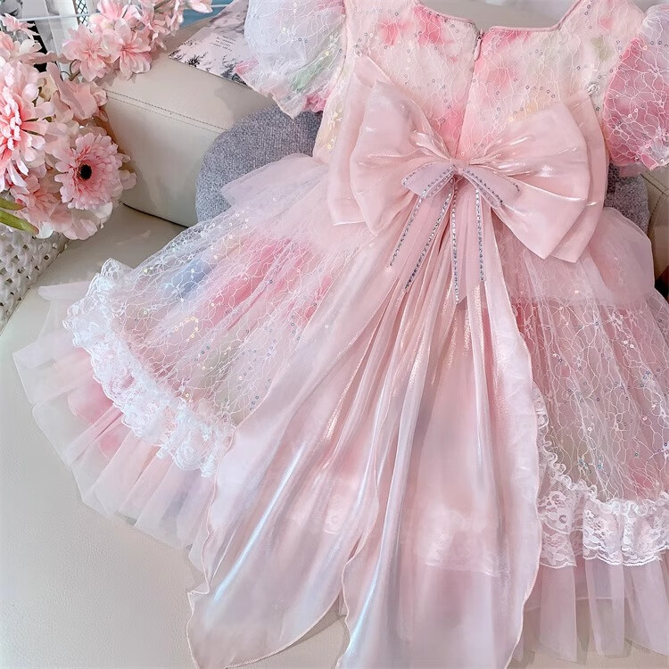 Anneyol Girls' Princess Dress Summer Outfit Stylish Children's Lolita Tulle Dress with Puff Sleeves, Pink, Size 160 9