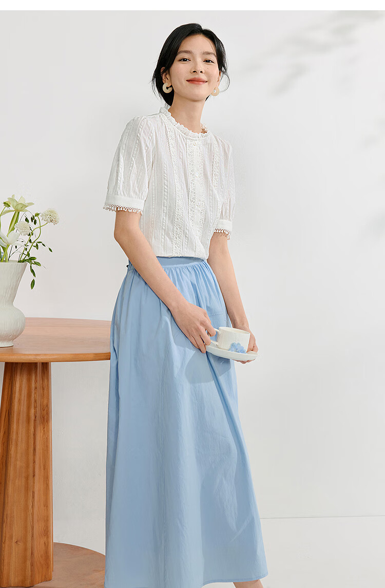 Inman Lotus Leaf Collar Hollow Embroidered Pure Cotton Shirt 2025 Summer Women's Vacation Style Puff Sleeve Blouse Pearl White M 37
