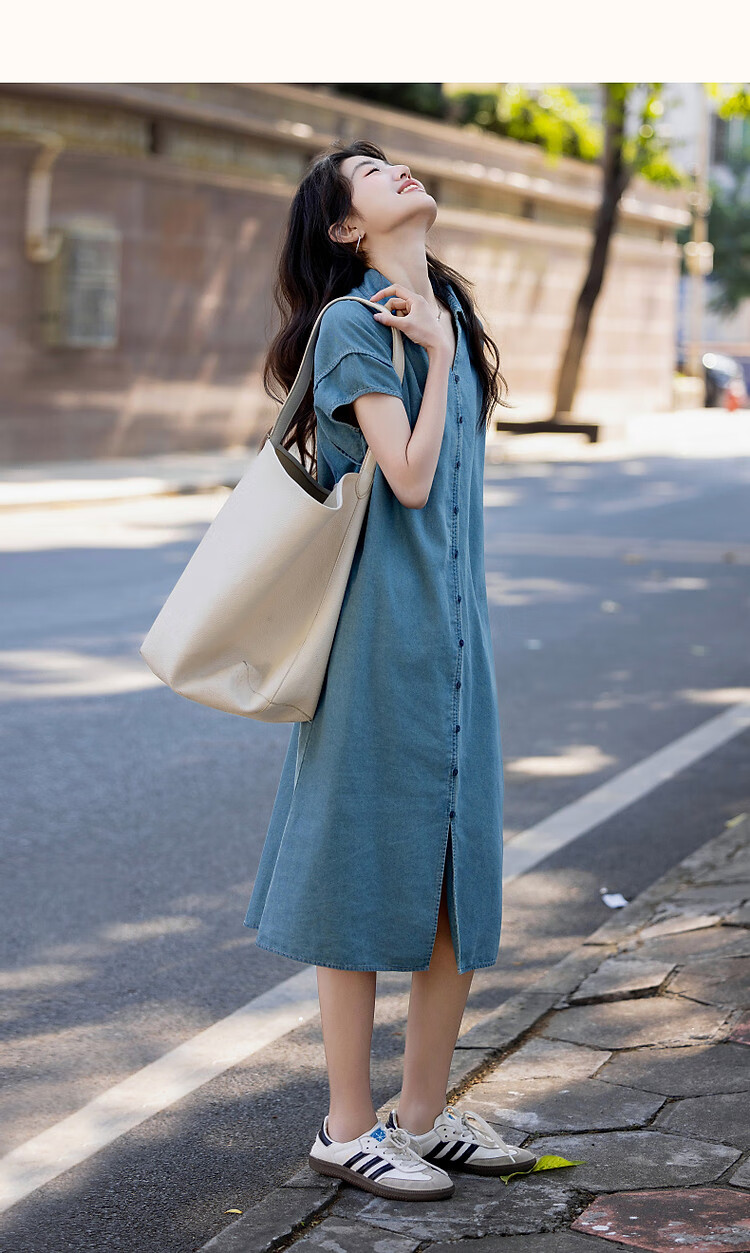 Dme Practical Summer Simple Style Lapel Cloud Cotton Loose Comfortable Short Sleeve Women's Denim Dress 9