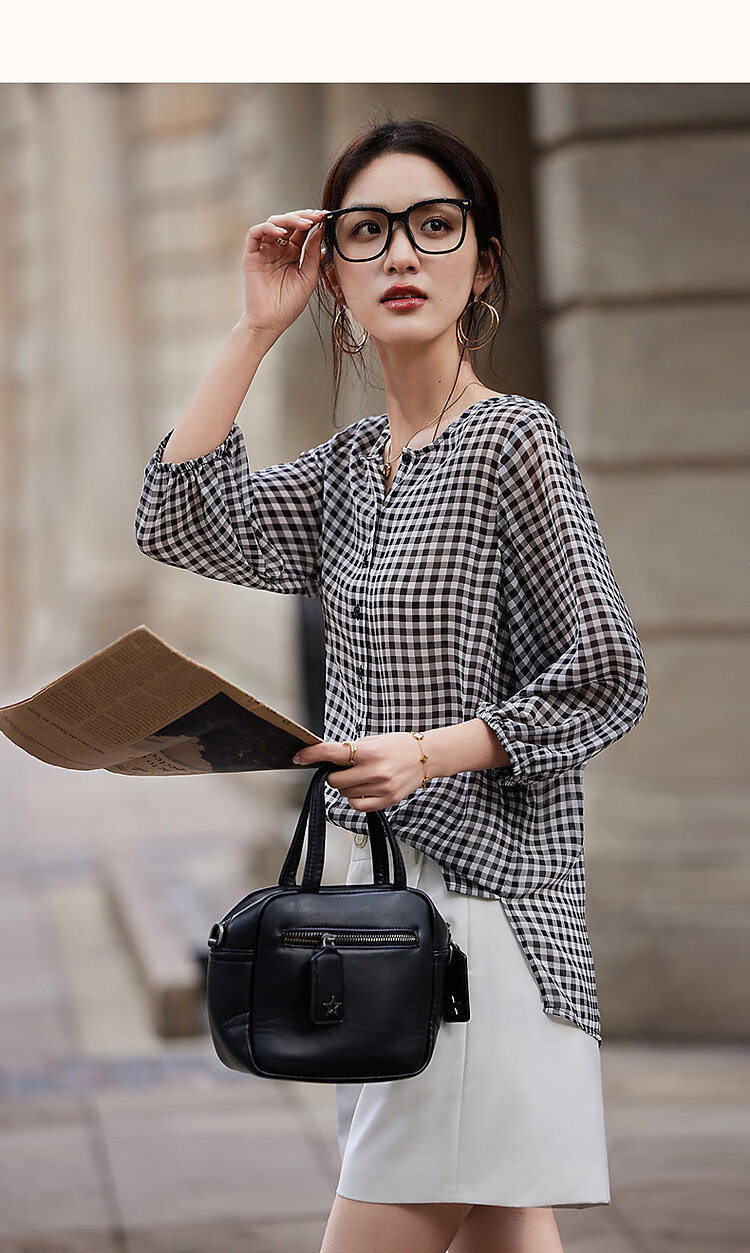 Dme [Japanese-Style Commuter] Spring Vintage Plaid Chiffon Printed Shirt with Short Front And Long Back, Elastic Sleeve Blouse for Women Top 8