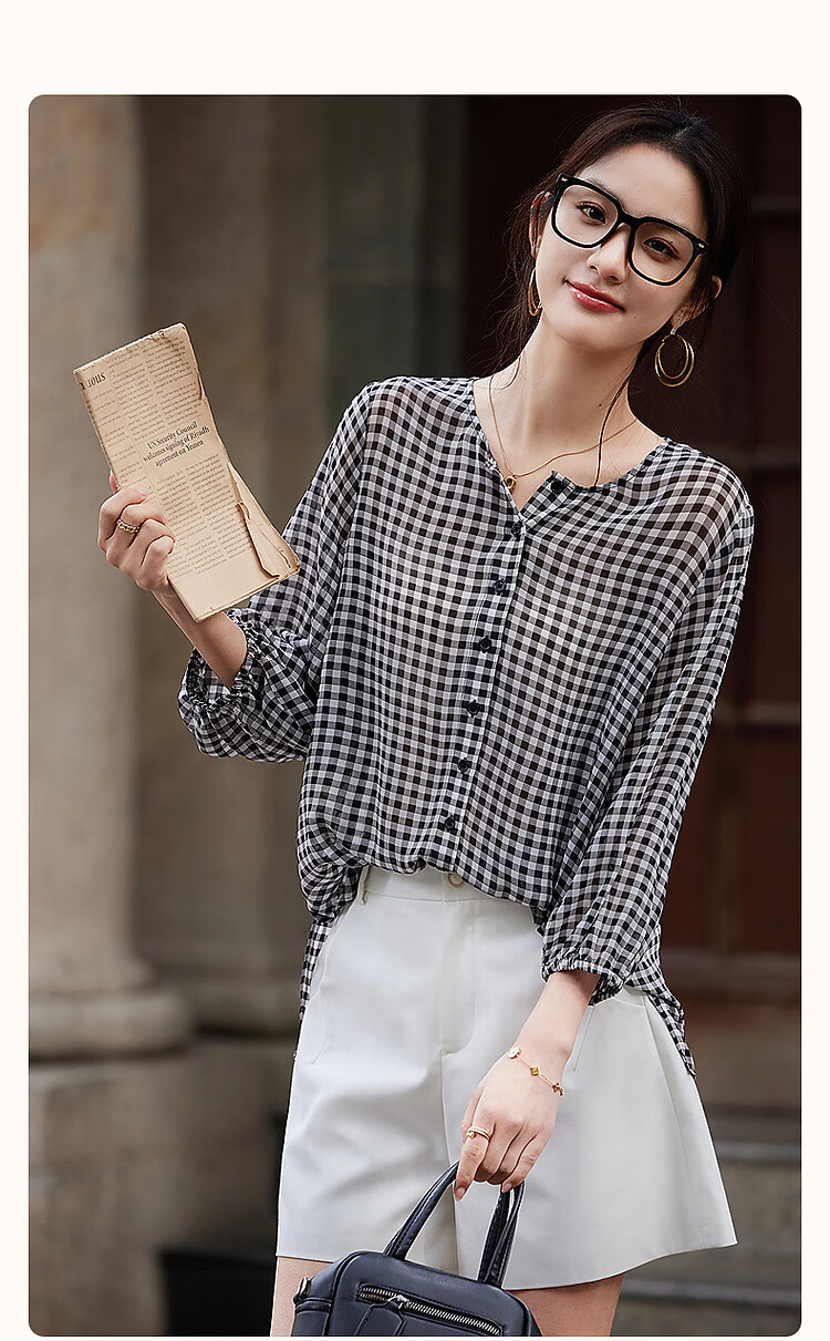 Dme [Japanese-Style Commuter] Spring Vintage Plaid Chiffon Printed Shirt with Short Front And Long Back, Elastic Sleeve Blouse for Women Top 1
