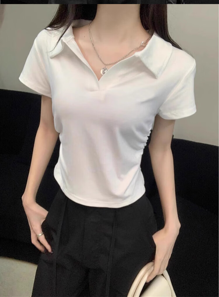 Langsha Women's Short Sleeve V-Neck T-Shirt Summer Fashion Versatile High-End Black Slim Fit Crop Top 13