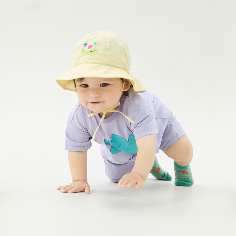 Papa Summer Baby Pure Cotton Romper for Boys And Girls, Fun Short-Sleeve Bodysuit, Yellow - Bodysuit, 66cm