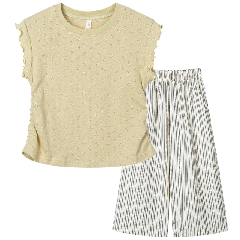 Follow Me Girls' Summer Outfit Set, Pastoral Style with Lace Trim, Sleeveless T-Shirt And Striped Casual Pants Two-Piece Set, Mustard Green, Size 150