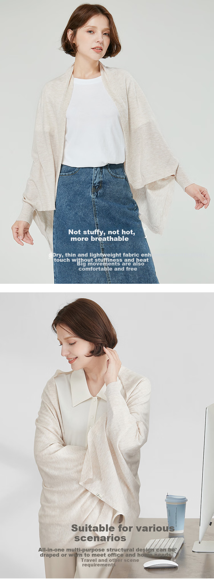 JIUMU Lightweight Wool Shawl for Women, Elegant Outer Layer, Summer Air-Conditioned Room Office Warm Wrap 3