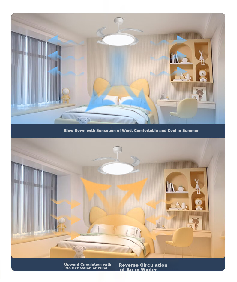 Dengling LED Invisible Retractable Blade Ceiling Fan Chandelier with US Cree Eye-Care Light for Dining Room Kitchen Bedroom Integrated 11