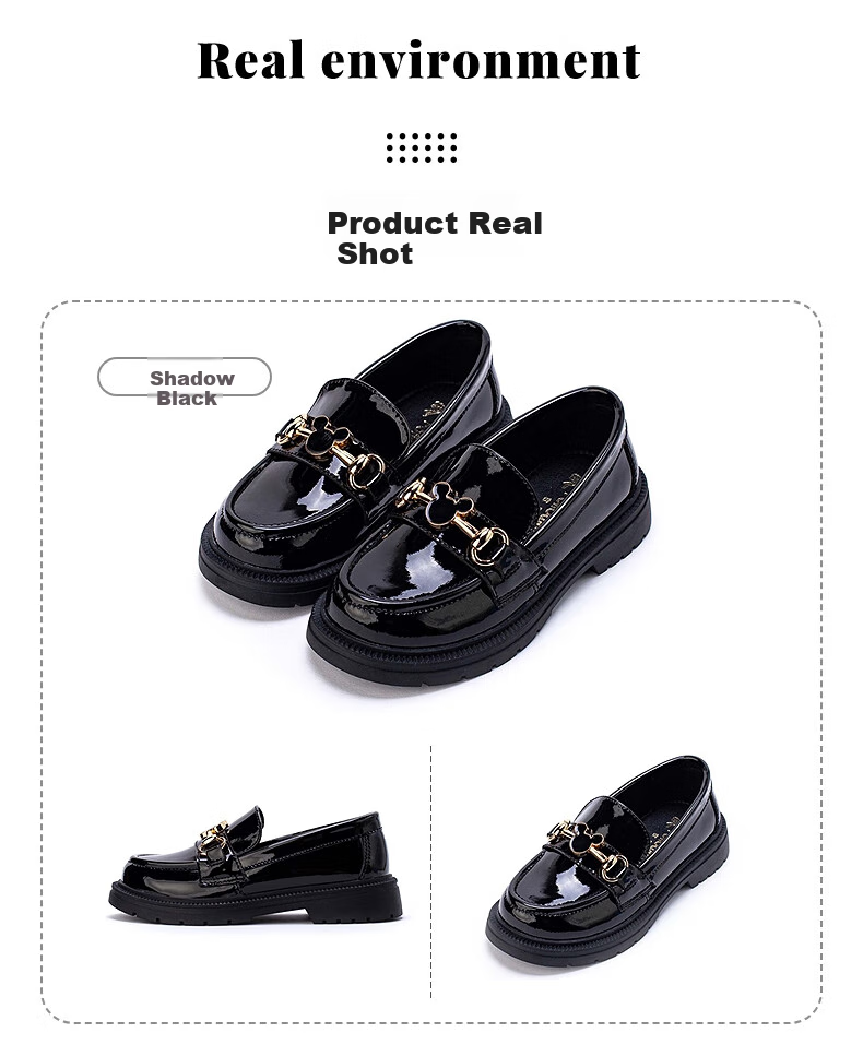 Follow Me Girls' Black Leather Shoes, Shiny Soft Sole Flats, School Performance Shoes, Loafers, Yingzi Black, Size 33 12