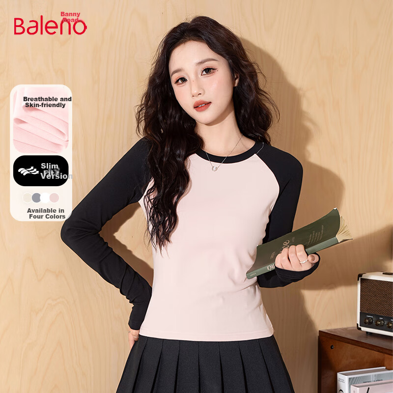 Baleno Slim-Fit Color-Block Long-Sleeve T-Shirt for Women, New Spring And Autumn 2025 Fashion Trendy Skin-Friendly Comfortable Breathable Versatile Top