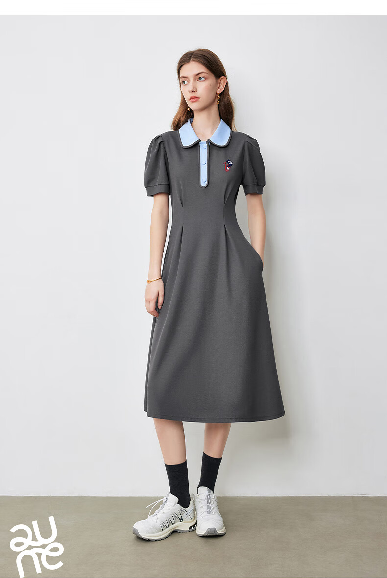 Chuyu Polo Collar Dress with Waist-Cinching Slimming Effect for Women, New Summer 2025 A-Line Short-Sleeve T-Shirt Midi Skirt, Gray, Size S 16