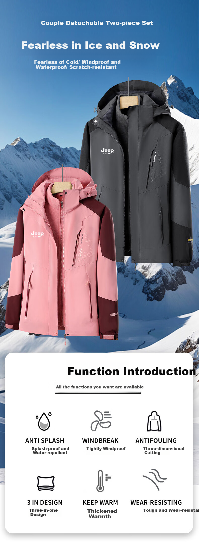 JEEP SPIRIT Men's Autumn Winter 3-in-1 Thickened Red Outdoor Jacket Christmas New Year Edition 1