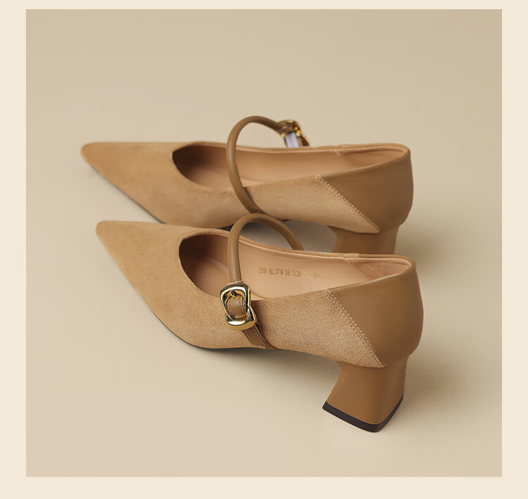 ZHR Zese Mary Jane Women's Pointed Toe Summer Single Shoes Shallow Mouth Chunky Heel One-strap Shoes BL379F Beige 37 18