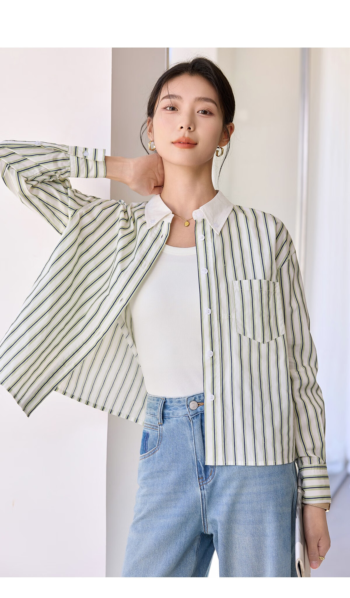 Chushen Women's Long-Sleeve Shirt, Contrasting Color Lapel, Classic Striped Short Casual Commuter Pure Cotton Blouse S51S043 20