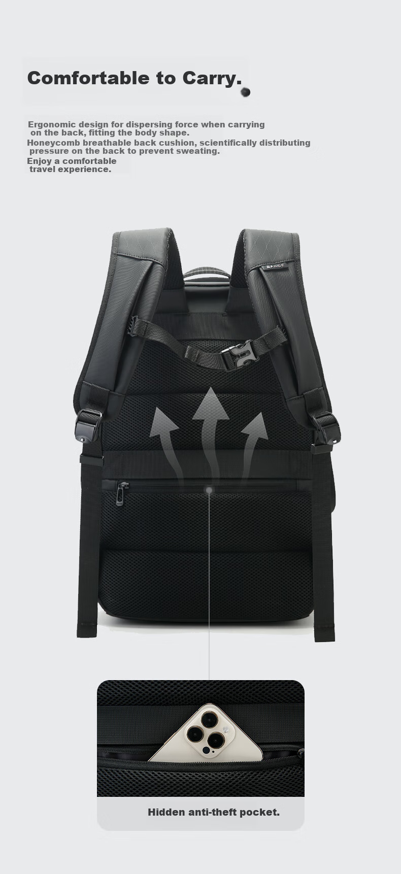 Bange Commuter Travel Large Capacity Backpack for Men, Gift Handheld Casual Lightweight Laptop Bag for College Students, Model 3065 Black 7