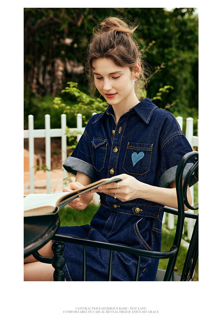 Olrain Short-Sleeve Denim Dress, Summer Women's Wear, Waist-Cinching Slimming Thin Commuter Dress, Light Blue, L 14