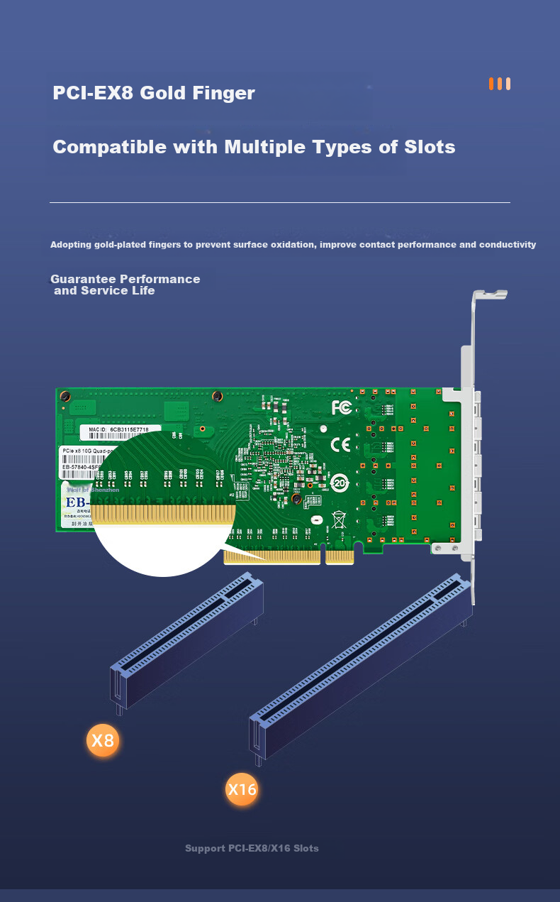 EB-LINK BCM57840 Chip, PCI-E V3.0 X8 Gigabit Four-Port Fiber Optic Network Card, 10G Server, SFP+ Interface Network Adapter 10