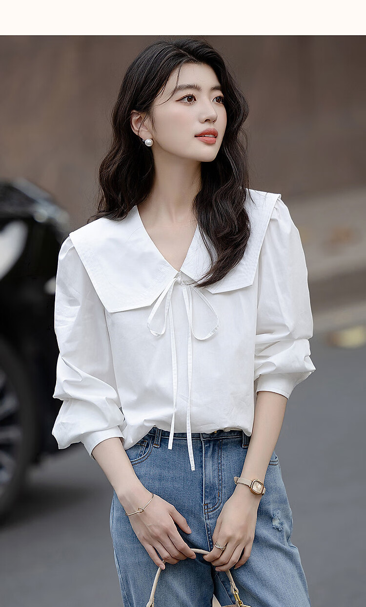 Dme [Will Breathe Cotton] Spring And Autumn Japanese Artistic Turndown Collar Tie-Up Shirt with Puff Sleeves, Concealing Body, Women's Blouse Top 23