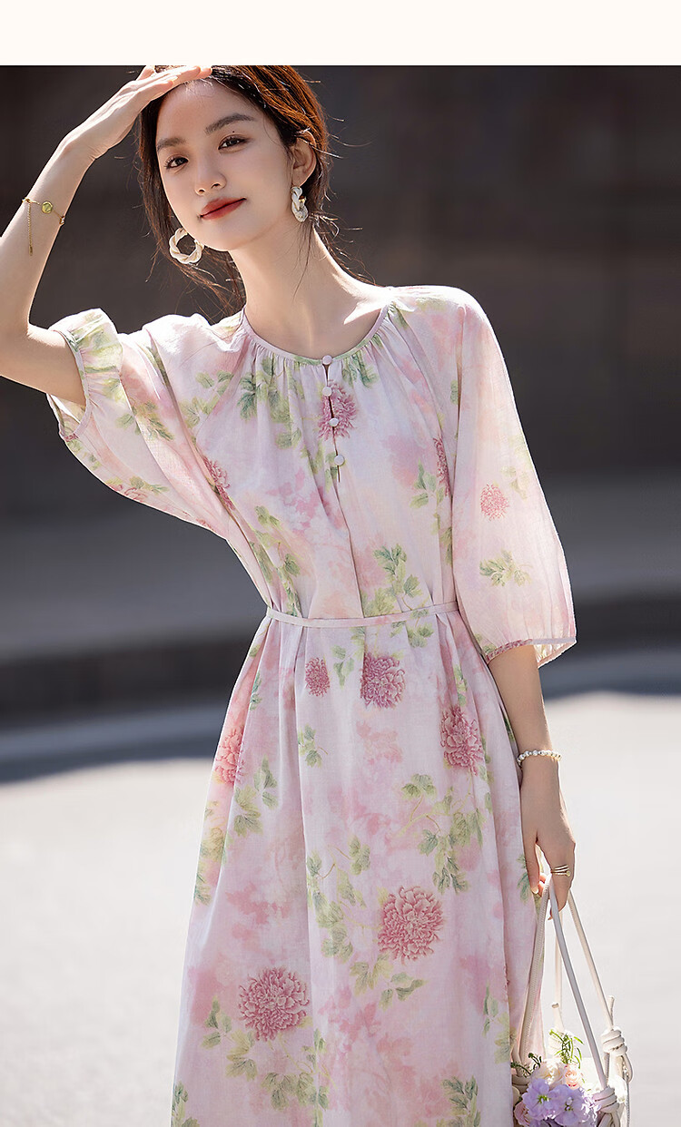 Dme [100% Cotton Bamboo Print] Summer French Romantic Floral Print Five-Quarter Sleeve A-Line Waist-Cinching Mid-Length Women's Dress 6