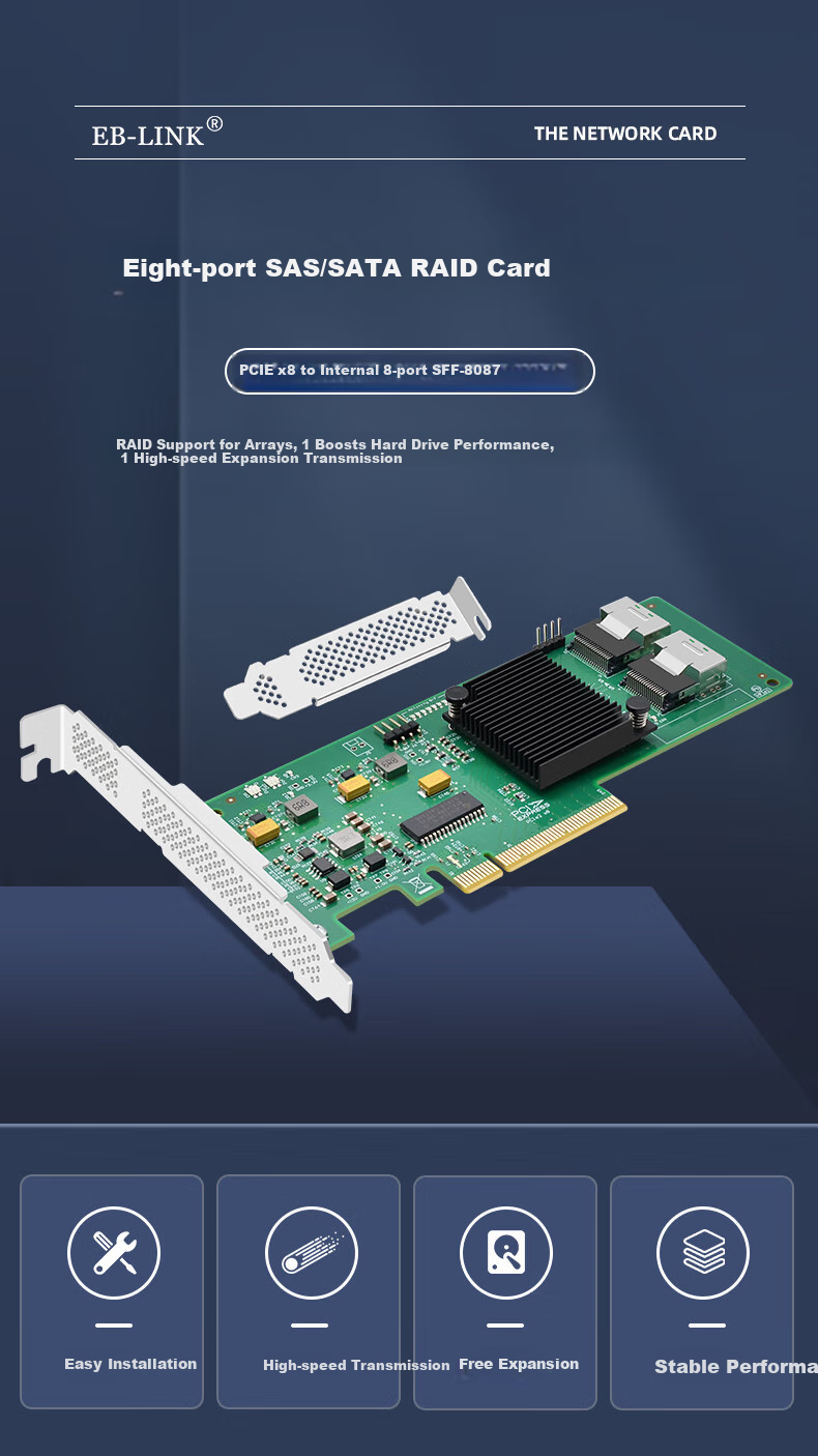 EB-LINK PCIE2.0 X8 to SATA Eight-Port SAS Expansion Card, 6GB, 8-Port RAID Disk Array Card, SSD Adapter Card, Supports RAID0/1 1