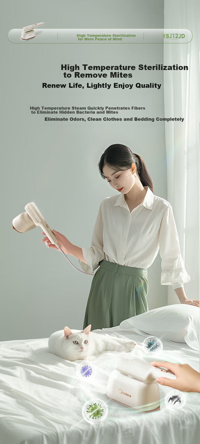 Midea Handheld Garment Steamer [Top Pressure Steam] Flat And Hanging Wet-Dry Multi-Function Electric Iron, Home Use Garment Steamer, Disinfection And Sterilization, Portable for Business Trips And Group Purchase, YBJ12JD 6