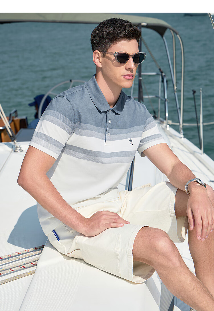 DANCING WOLVES [7A Antibacterial & Pure Cotton] Summer Fashion Striped Short-Sleeve Men's Polo Shirt, 113 Light Blue, XL(180) 6