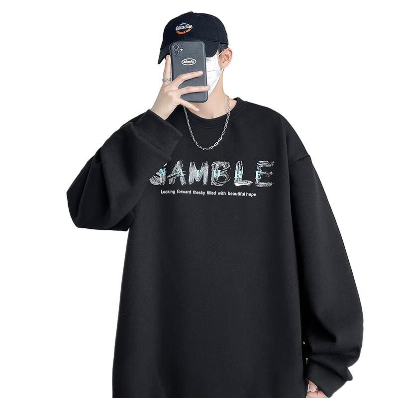 POUM American-Style Trendy Sweatshirt for Men, Spring And Autumn Casual Loose-Fitting Sports Couple Long-Sleeve POW03 Black 2XL