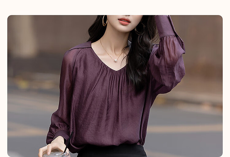Dme [Monet Purple Series] Autumn Wrinkled Shiny Silk Blouse, Pleated V-Neck Short Front Long Back Shirt, Women's Top 4