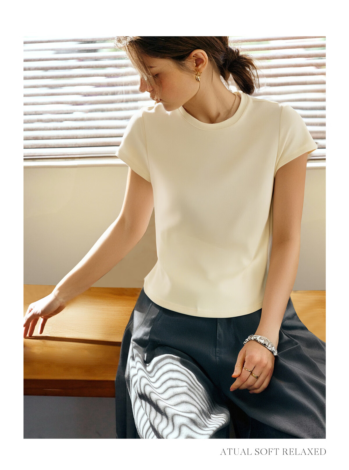 Olrain Oureier Round Neck Simple Versatile T-Shirt Women's Summer Short Sleeve Small Size Top Black M 31