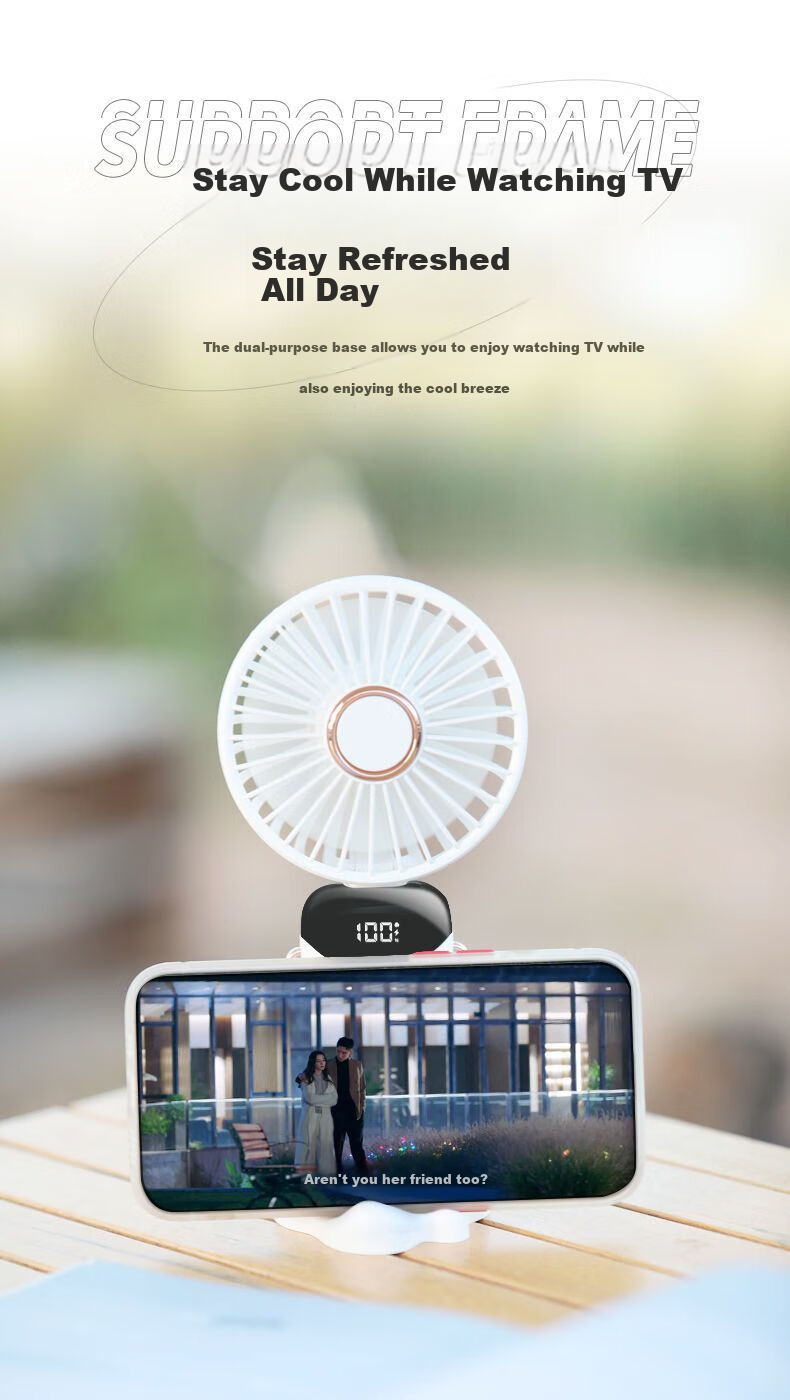 HBOALG Handheld Mini Fan with Foldable Stand, USB Fan with Digital Display, Long Standby Time, Portable Electric Fan for Student Dormitory And Office, Rechargeable, White 12