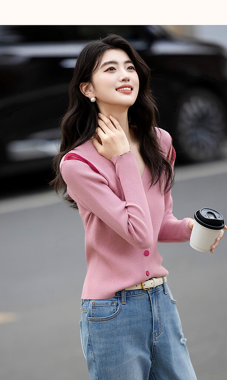 Dme [Soft Cloud Feel] Summer French Off-Shoulder V-Neck Sweater, Hollow-Out Contrasting Color Long-Sleeve Comfortable Knit Top for Wome 11