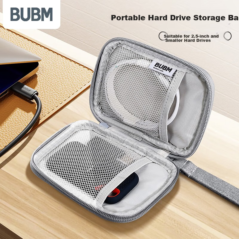 BUBM 2.5-Inch Portable Hard Drive Enclosure, Multifunctional Cable Storage Case, USB Drive Phone U-Dong Power Bank Earphone Protective Cover, Digital Accessory Storage Bag, Gray Single Layer