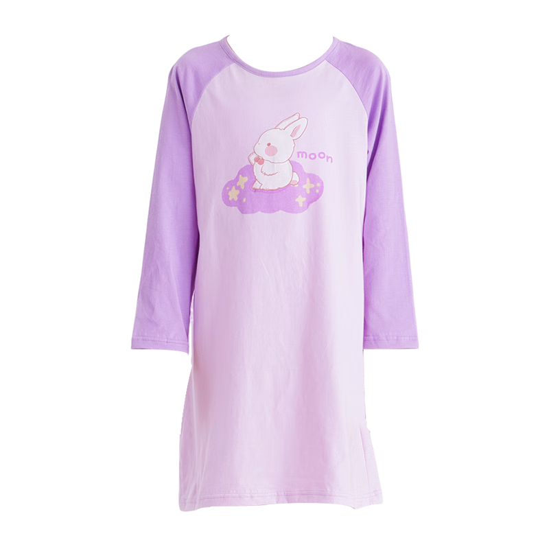 DEESHA Girls' Pure Cotton Long-Sleeve Nightgown, 7A Antibacterial Spring Season, All-Cotton Princess Dress for Older Children, Light Purple, Size 150