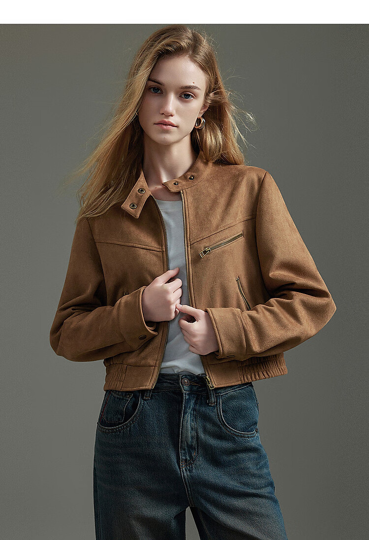 Dme [Wake Up Wild] Autumn Motorcycle Style Stand Collar Faux Suede with Split Line Elastic Hem Jacket for Women, Short Style 5